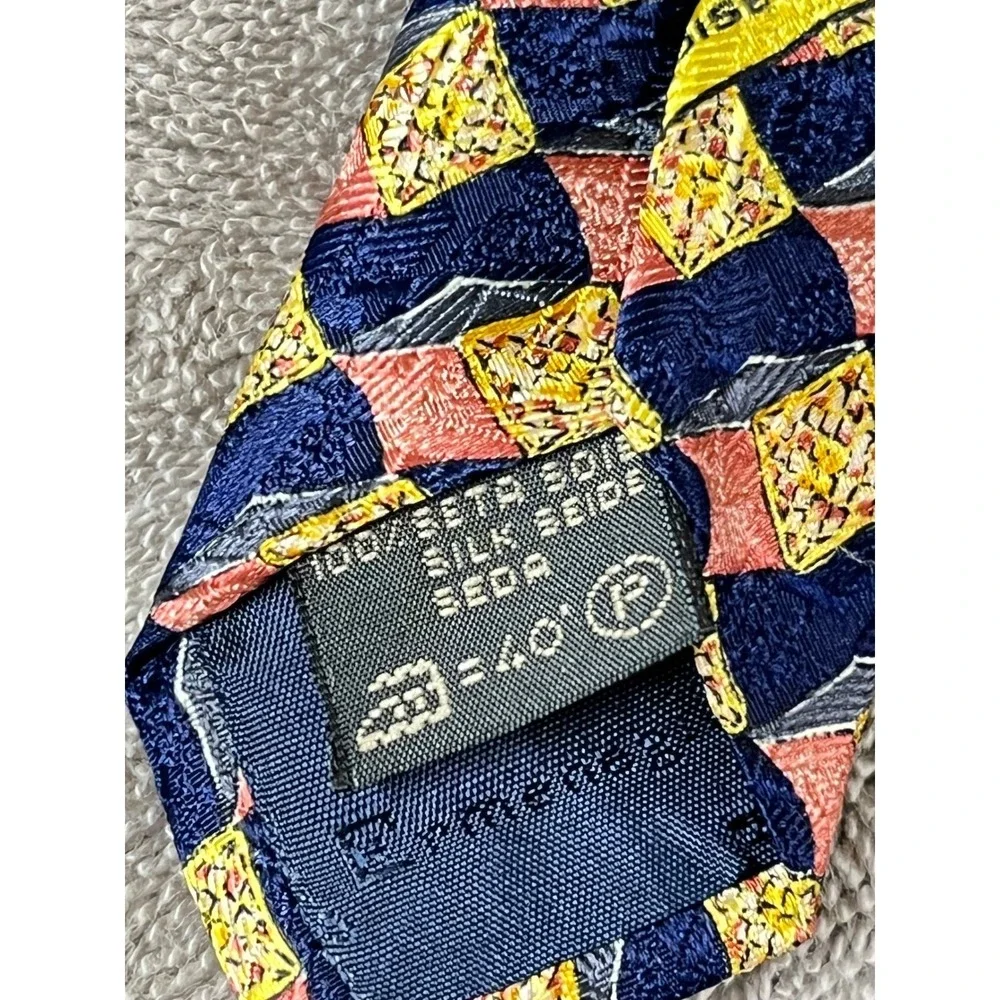 Ermenegildo Zegna Silk Tie Navy Blue Coral Yellow Geometric Disegno‎ Esclusivo